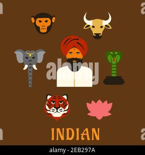 Indian animals of worship and national symbols in flat style with indian man in turban with holy cow, elephant, cobra, monkey and lotus, tiger as nati Stock Vector