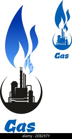 Natural gas processing plant or petroleum refinery black icon with high blue gas flame on the top for oil and gas industry design Stock Vector