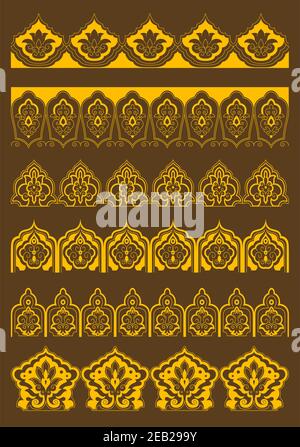 Golden decorative arabesque borders with persian floral ornaments on brown background for embellishment or textile design Stock Vector