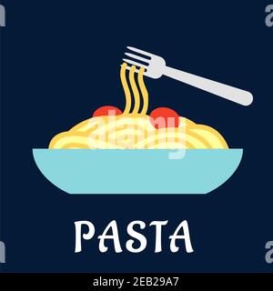 Bowl of healthy Italian pasta with tomatoes and a fork on a blue background with the word Pasta below Stock Vector