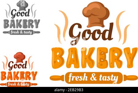 Bakery cartoon emblem with wooden rolling pin and chef hat in yellow, orange and gray colors design Stock Vector