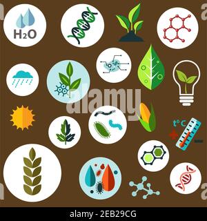 Science and agronomic research flat icons with agricultural crops, chemical formulas, pests, models of DNA and cells, weather, sun, water and temperat Stock Vector