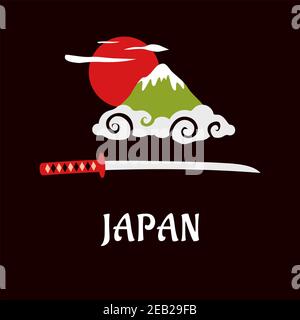 Japan traditional symbols concept in flat style with sacred Fuji mountain in curly white cloud at sunrise, red sun and katana samurai sword below with Stock Vector