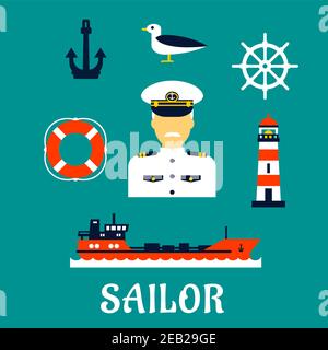 Sailor professionconcept with moustached captain in white uniform with helm, ship, anchor, lifebuoy, lighthouse and seagull icons. Flat style Stock Vector