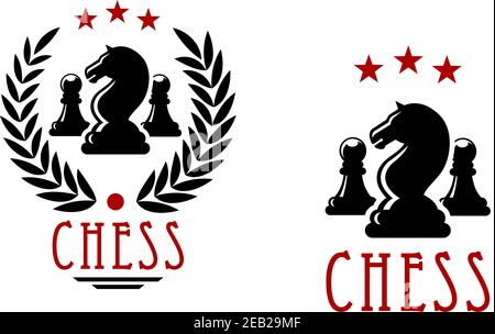 Chess pieces of black knights and pawns in chess tournament emblems design template decorated laurel wreath and stars Stock Vector
