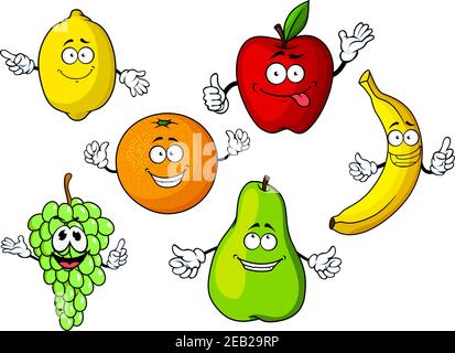 Juicy fresh cartoon apple, lemon, orange, banana, grape bunch and pear fruits characters with cute smiling faces, isolated on white background, for ag Stock Vector