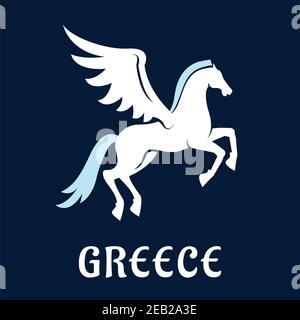 Pegasus symbol in flat style with ancient greek mythology winged white horse, pale blue mane and tail with caption Greece Stock Vector