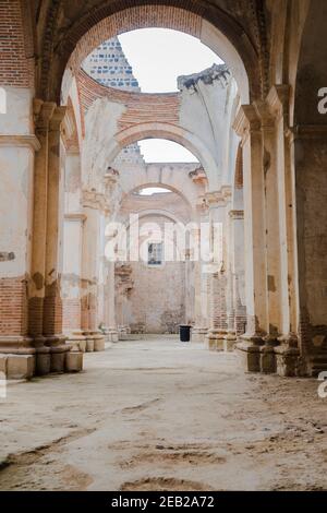 Ruins of cathedral of Santiago in Antigua Guatemala - famous empty ruins - old building destroyed by time Stock Photo