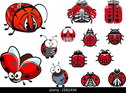 Ladybugs, ladybirds and beetles with happy cartoon flying and crawling beetles, abstract glossy ladybirds icons and modern machinery stylized ladybugs Stock Vector