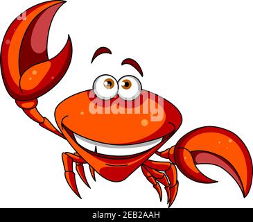 Happy smiling red cartoon marine crab character waving a big claw, isolated on white Stock Vector