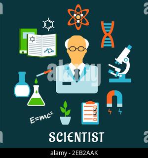 Scientist profession flat concept with mature man in eye glasses and laboratory coat surrounded by books, microscope, models of dna, atom and molecule Stock Vector