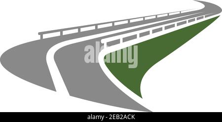 Highway road icon with metal traffic barriers passing on the edge of green steep slope isolated on white background. For transportation design Stock Vector