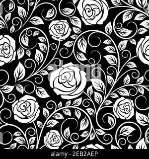 White rose floral seamless pattern with curled tips and dainty leaves on black background, for luxury interior design Stock Vector