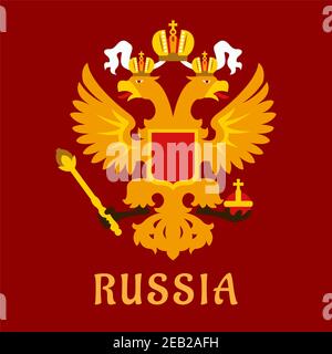 Russian flat doubleheaded imperial eagle in gold over a red background Stock Vector