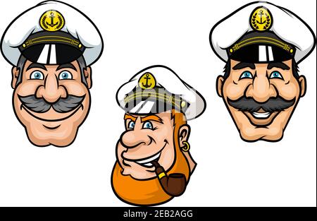 Ship captains in cartoon style with cheerful smiling men with gray moustaches, with white peaked caps and tobacco pipe for nautical mascot or tattoo d Stock Vector