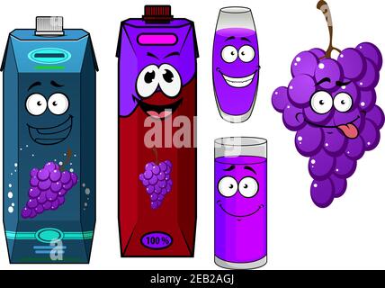 Cartoon blue and red grape juice packs, glasses with violet drinks and bunch of blue grape fruit isolated on white background Stock Vector