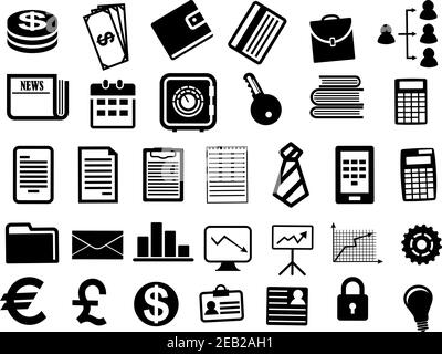 Business icons and symbols in flat style with black finance documents and graphs, money signs, tablet pc and calculator, newspaper, safe, wallet, brie Stock Vector