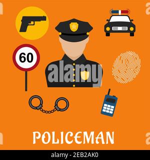 Policeman profession concept with officer in black uniform surrounded by police car, portable radio transceiver, fingerprint, handcuffs, gun and speed Stock Vector