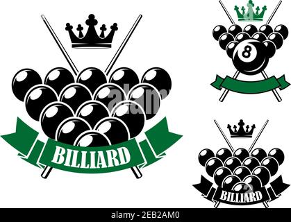 Billiards or pool icons design with billiard balls in starting position, crossed cues on the background, crowns and ribbon banners Stock Vector