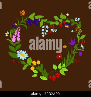 Heart shaped frame with delicate daisies flowers, sweet peas, pansies, lilies of the valley, bellflowers and branches of strawberry, raspberry and che Stock Vector