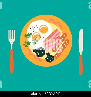 Fresh breakfast in flat style with fried eggs, pepper, broccoli and parsley, grilled sausages and bacon served on orange plate, with fork and knife. T Stock Vector