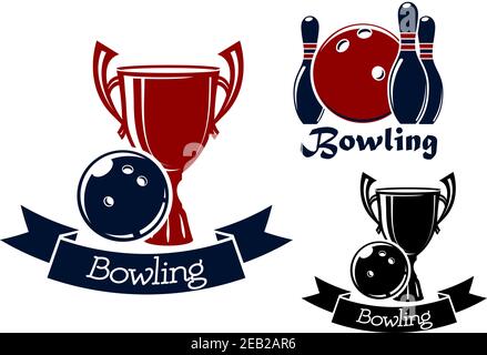 Bowling competition or sporting club emblems with bowling balls, ninepins and trophy cups, supplemented by ribbon banners Stock Vector