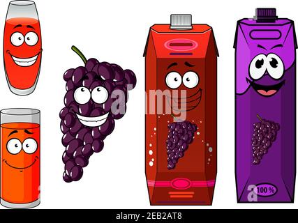 Natural fresh grape juice cartoon characters with funny smiling glasses, bunch of glossy violet grape fruit and bright juice packs for beverage design Stock Vector