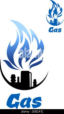 Natural gas refinery factory icon with nozzle of industrial plant pipe and big blue flame, isolated on white background Stock Vector