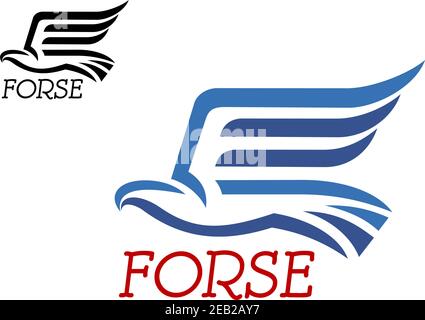 Powerful falcion or eagle in flight symbolisolated on white background with caption Force and black small variation in the upper angle Stock Vector