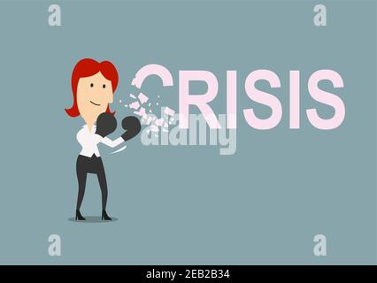 Successful businesswoman beats the crisis with boxing gloves. Cartoon style, for crisis management concept design Stock Vector