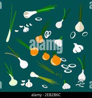 Onion, garlic and scallion vegetables in flat style with sprouted bulbs of onion and garlic, green fresh scallions with sliced onion rings and cloves Stock Vector