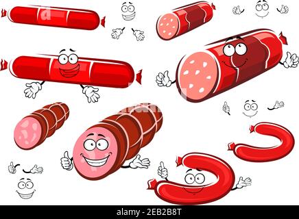 Funny cartoon smoked meat sausages, ham, wurst and salami isolated on white background Stock Vector