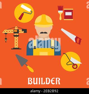 Builder profession concept with man in yellow hard helmet and overalls with tower crane, hand saw, trowel, paintbrush with paint can, wheelbarrow and Stock Vector
