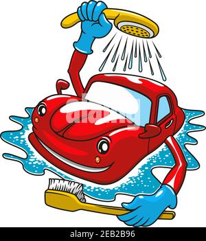 Cartoon happy red car character washing with brush and shower. For car service design Stock Vector
