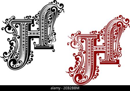 Black and red capital letter H in calligraphic floral style with decorative flourishes isolated on white background Stock Vector