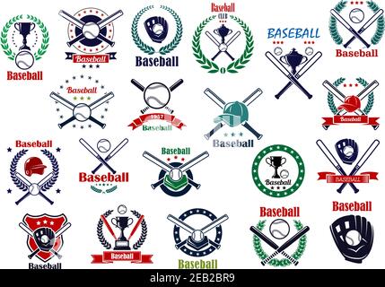 Baseball game emblems and icons with balls, crossed bats, trophy cups, gloves, helmet and caps decorated by wreaths, stars, shield and ribbon banners Stock Vector