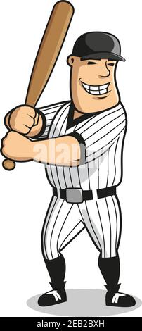 Cartoon professional baseball player character with bat, depicting muscular batter man in striped uniform and cap awaiting a pitch. For sports design Stock Vector