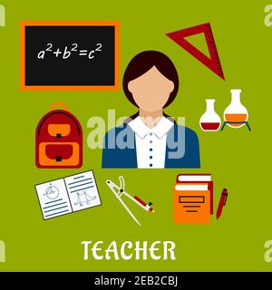 Teacher profession concept design with woman encircled by blackboard with chalk formula, books, pen, laboratory flasks, school bag, exercise book with Stock Vector