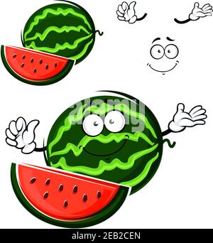 Watermelon fruit cartoon isolated character with separate face, hands and slice Stock Vector