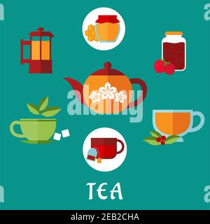 Flat tea icons with jars, honey and raspberry jam, french press, various teacups with tea bag, sugar cubes, fresh leaves of mint and cowberry with por Stock Vector