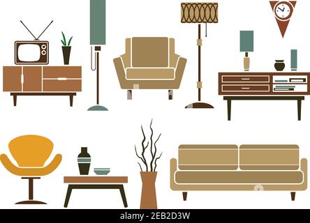 Retro furniture and interior icons in flat style with sofa and armchairs, chests of drawers and table, tv and interior accessories, floor lamps and va Stock Vector