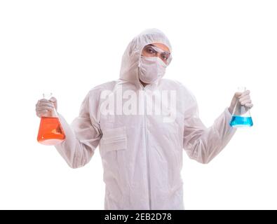 Chemist working with poisonous substances isolated on white background Stock Photo