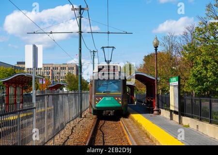 Boston Metro MBTA Ansaldo Breda Type 8 Green Line at BU Central station, Boston, Massachusetts MA, USA. Stock Photo