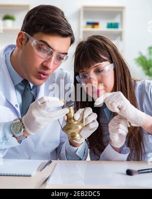 The two archeologists looking at ancient gold lamp Stock Photo