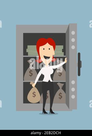 Happy smiling businesswoman opening the door of safe with money bags and stacks, for safety or security concept design. Cartoon flat style Stock Vector