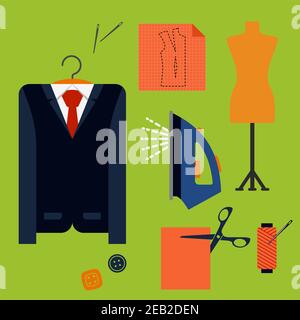 Tailor tools and accessories flat icons with man costume on a hanger, mannequin, cloth with scissors, iron, thread spool, needles and buttons Stock Vector