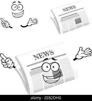 Cartoon newspaper character with header News on front page and happy face, for advertisement or media design Stock Vector