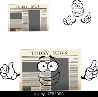 Cartoon morning daily newspaper cartoon character with header Today news and happy face showing upward. Isolated on white background Stock Vector