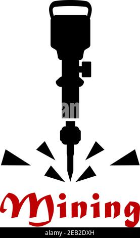 Jackhammer or pneumatic drill tool black silhouette with pieces of rock isolated on white background Stock Vector