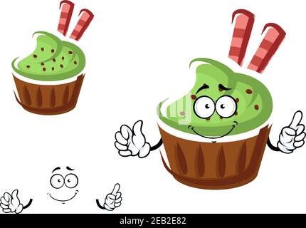 Funny tasty cartoon cupcake character with green cream, chocolate chips and waffle rolls. For pastry shop or holiday party design Stock Vector